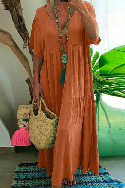 Fashion Style V Neck Short Sleeve Swing Dress Orange