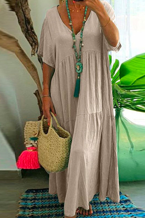 Rosiedress Fashion Style V Neck Short Sleeve Swing Dress Khaki