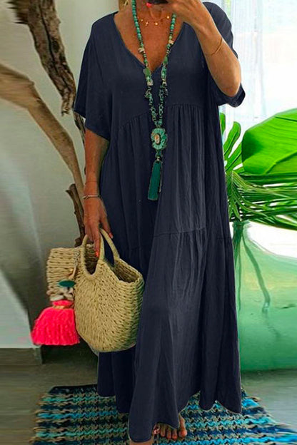 Fashion Style V Neck Short Sleeve Swing Dress DarkBlue