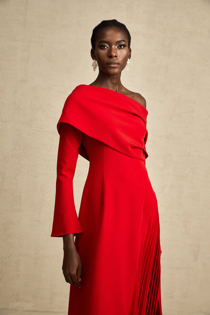 Valentine Red Pleated Maxi Dress with High Slit
