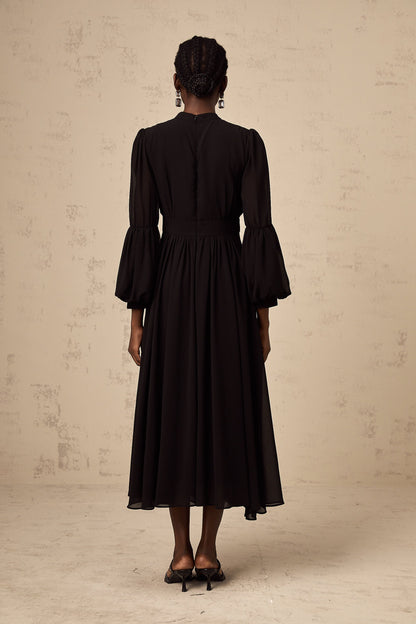 Viviane black pleated button-front midi dress