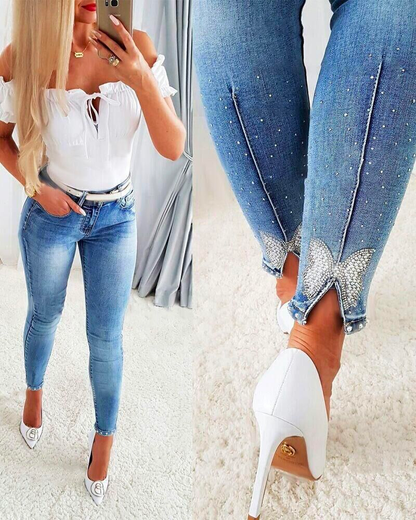 Rosiedress Beaded Butterfly Distressed Skinny Denim Pants LightBlue