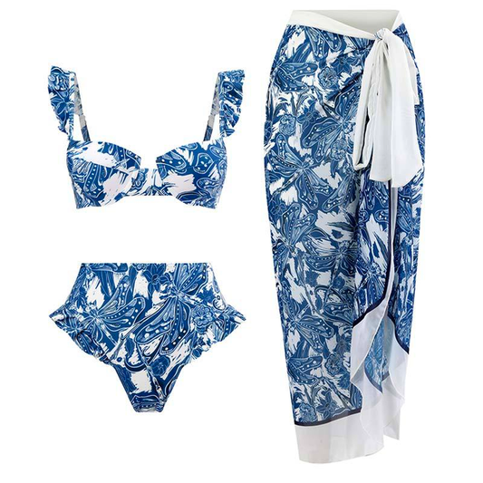 Rosiedress Ruffle Trim Two-Piece Swimwear and Wrap Cover Up Skirt Print Set Blue