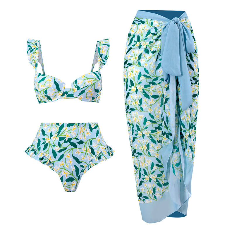 Ruffle Trim Two-Piece Swimwear and Wrap Cover Up Skirt Print Set Green
