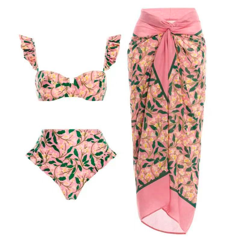 Rosiedress Ruffle Trim Two-Piece Swimwear and Wrap Cover Up Skirt Print Set Pink