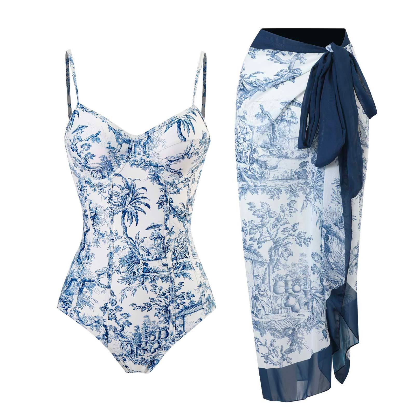 Rosiedress Push Up Padded One-piece Swimsuit and Wrap Cover Up Skirt Printed Set Blue