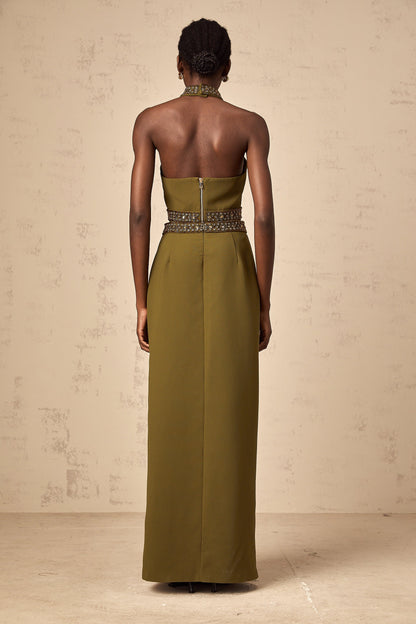 Daisy green beaded-trim top & skirt matching set