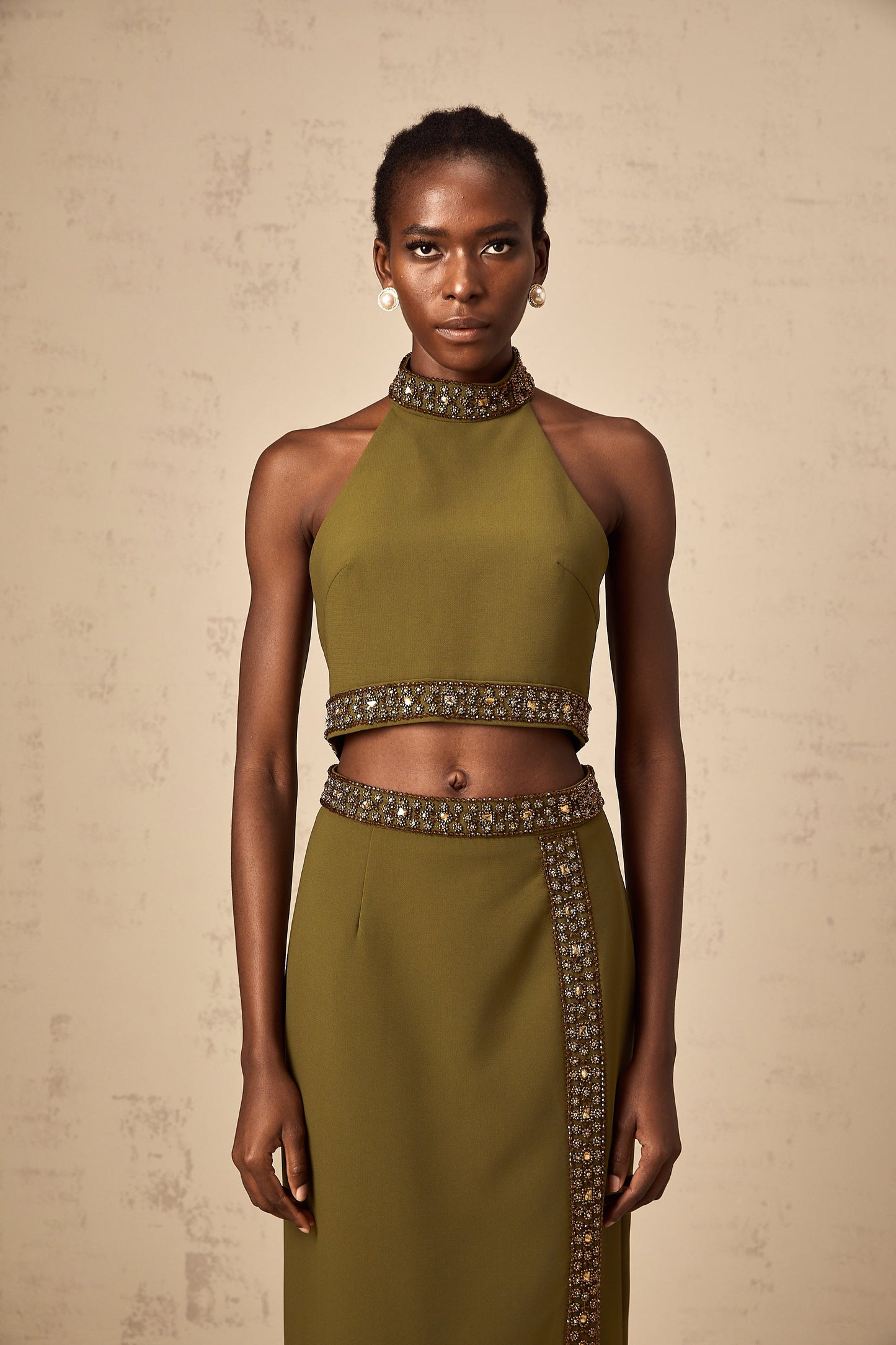 Daisy green beaded-trim top & skirt matching set