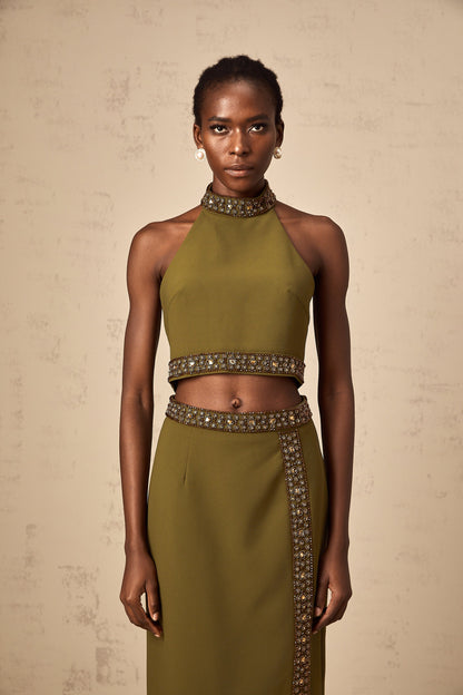 Daisy green beaded-trim top & skirt matching set
