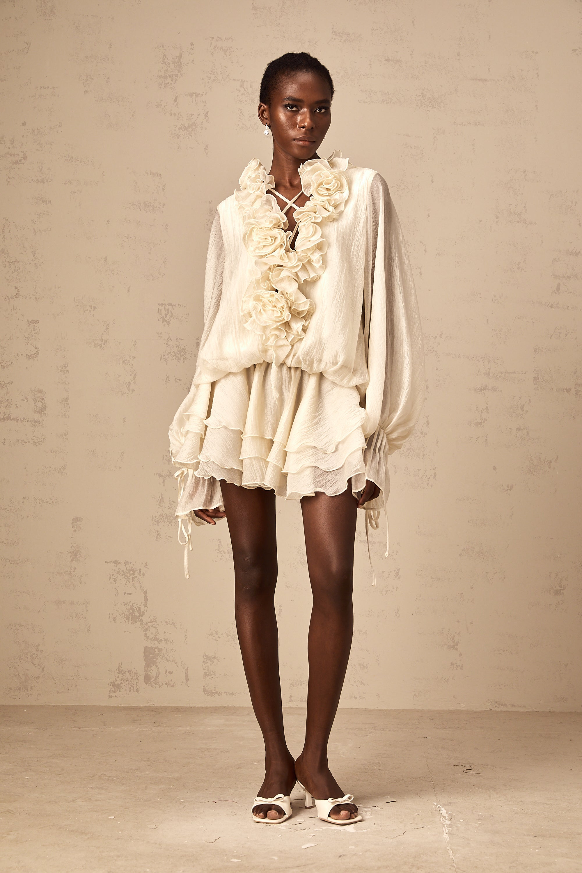 Zéphyrine floral-appliqué tiered mini dress in Neutrals