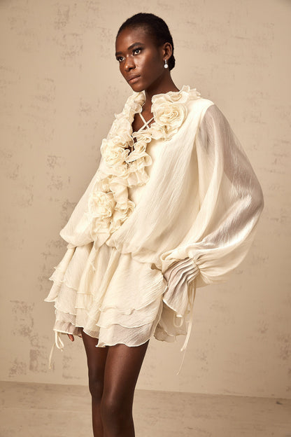 Zéphyrine floral-appliqué tiered mini dress in Neutrals