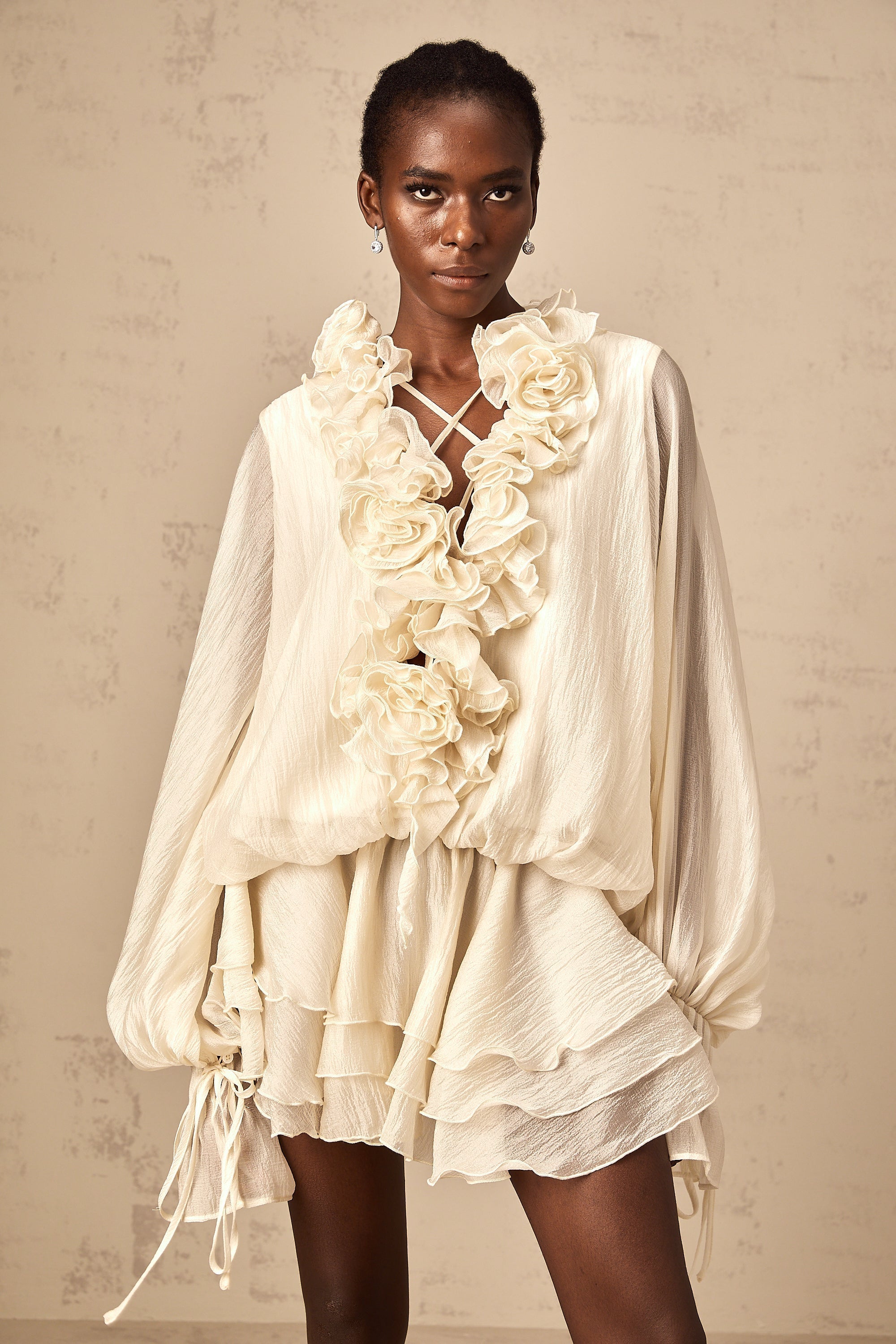 Zéphyrine floral-appliqué tiered mini dress in Neutrals