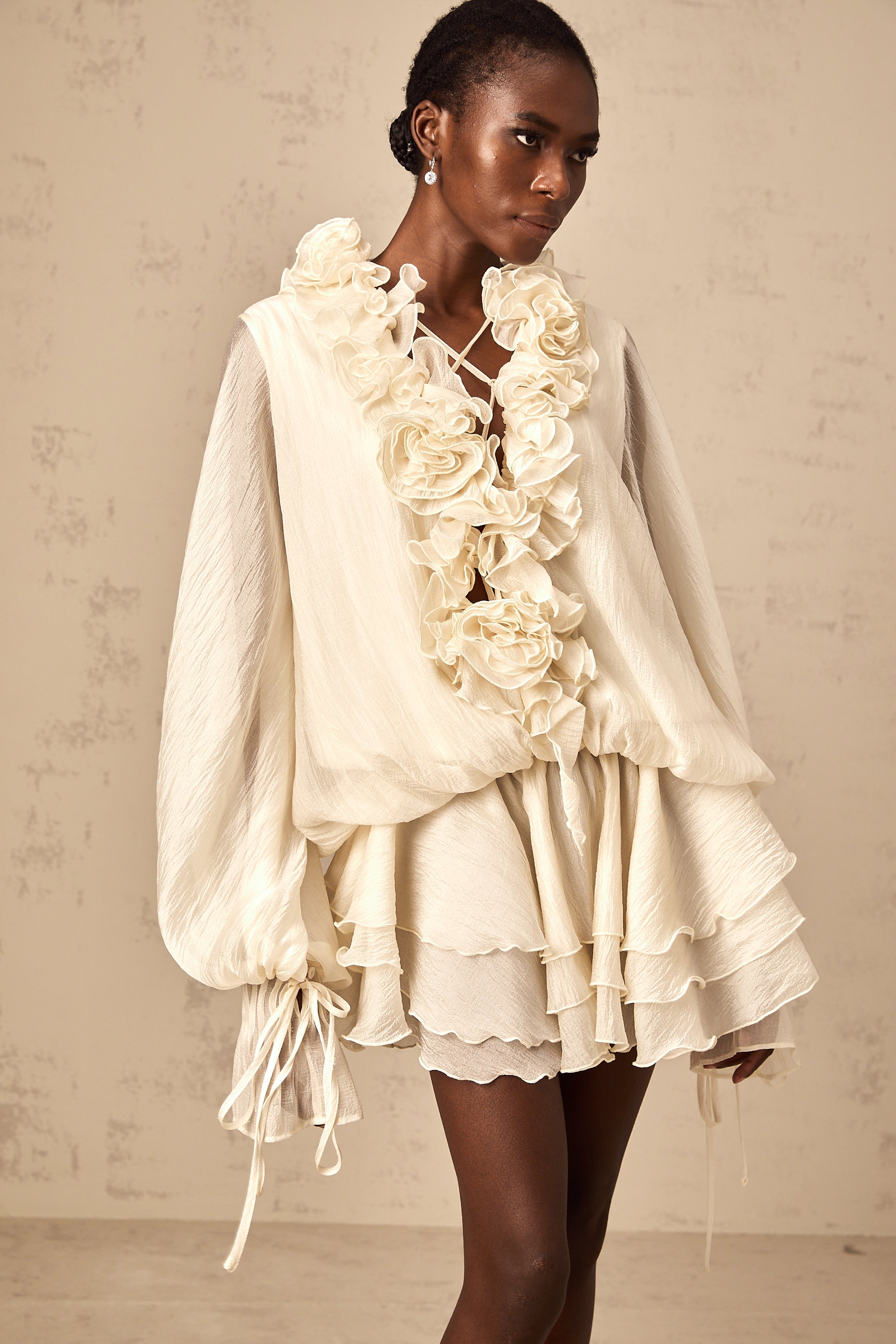 Zéphyrine floral-appliqué tiered mini dress in Neutrals