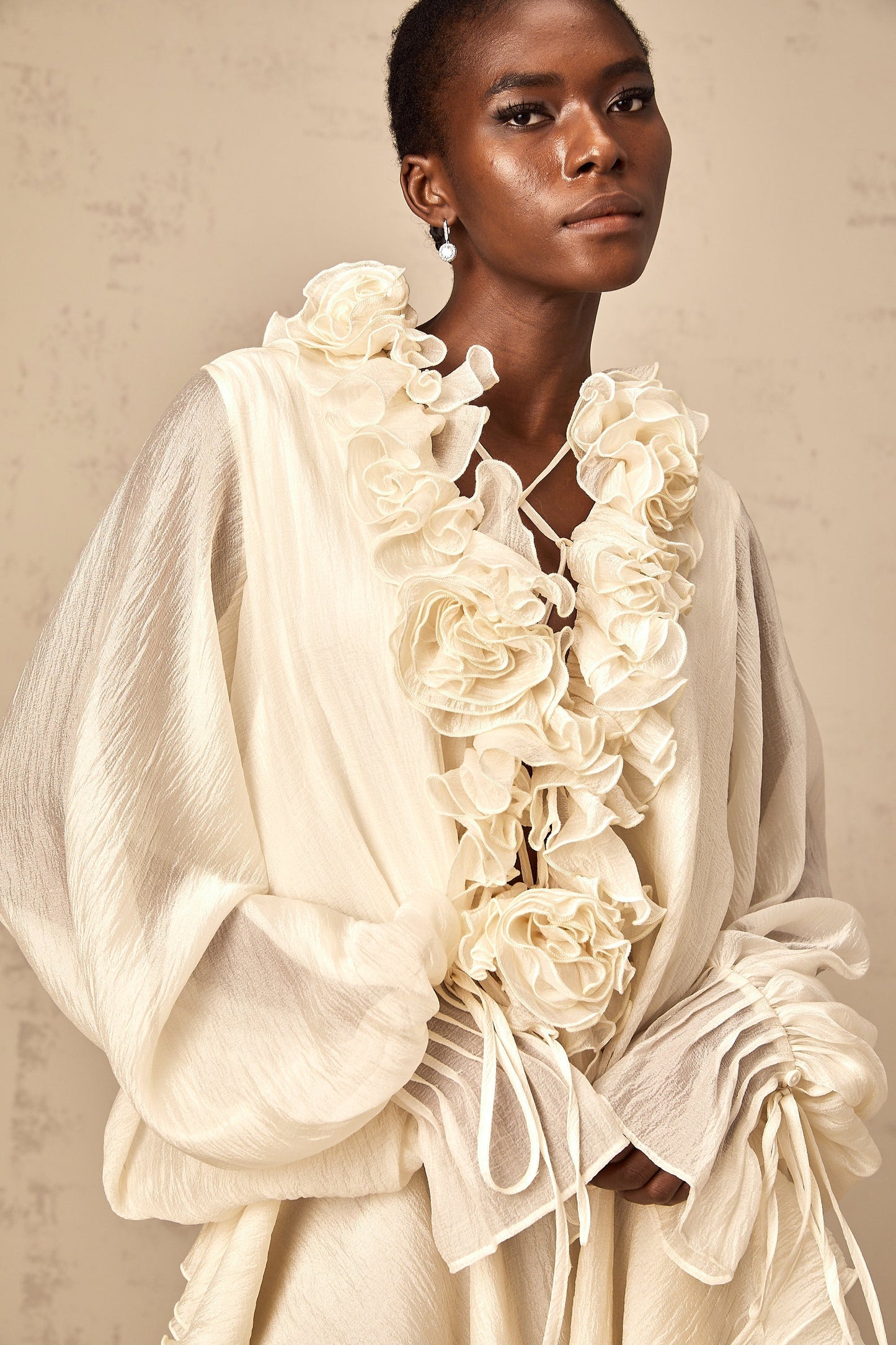 Zéphyrine floral-appliqué tiered mini dress in Neutrals