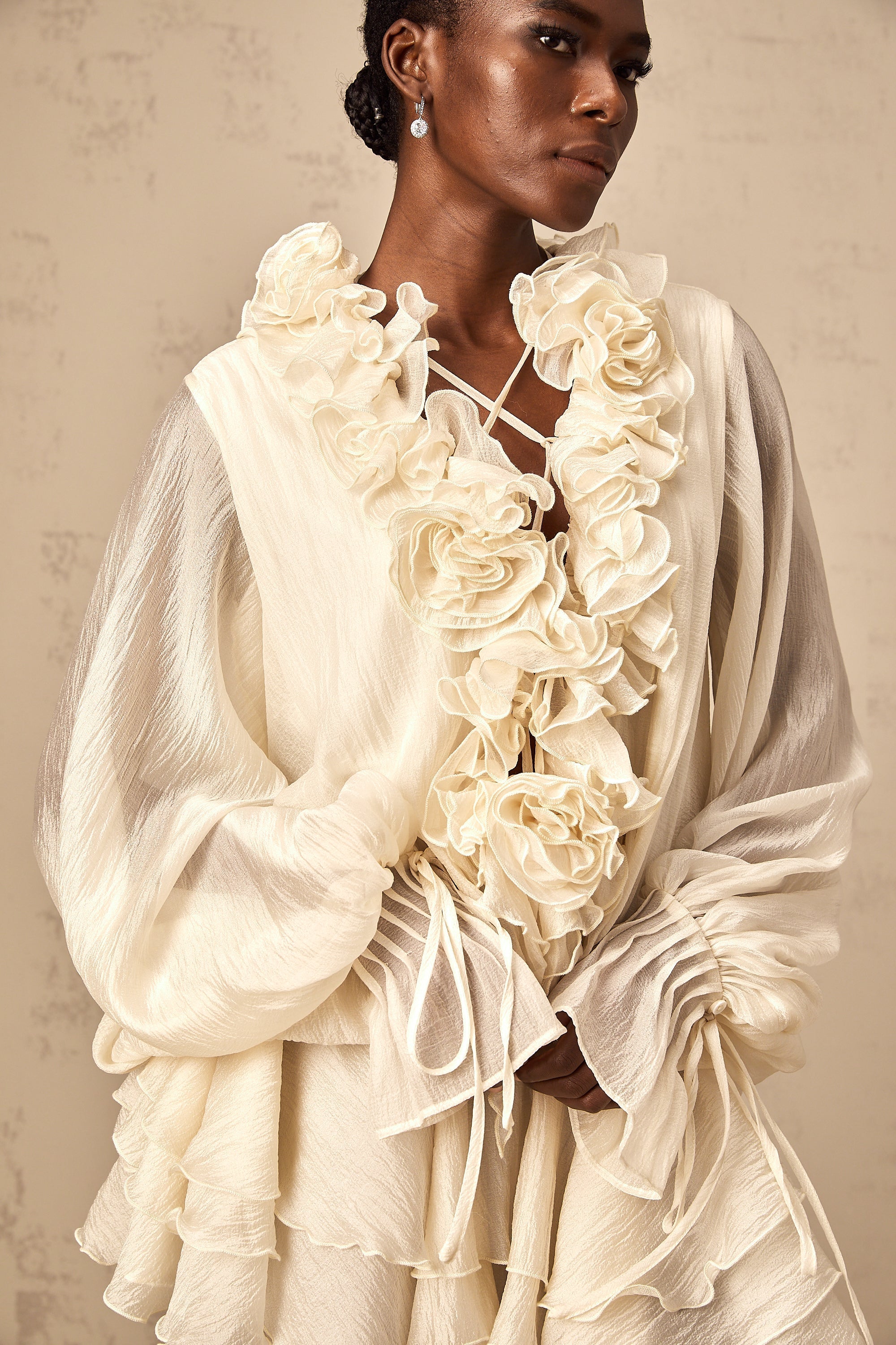 Zéphyrine floral-appliqué tiered mini dress in Neutrals