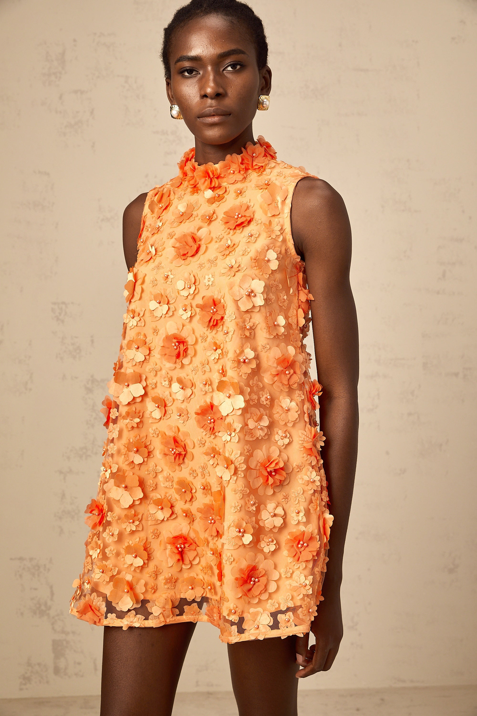 Orphée orange faux-flower mini dress
