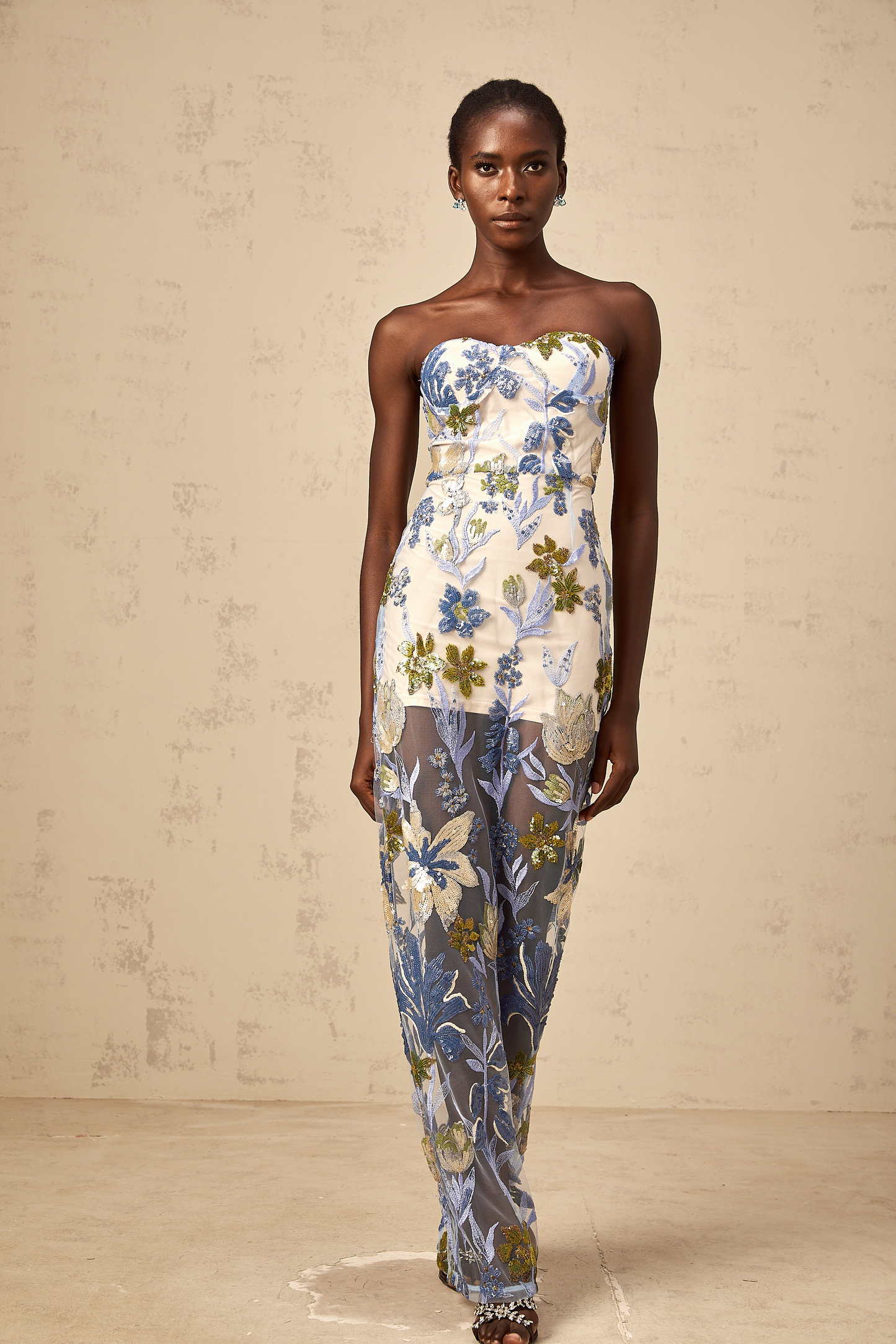 Patricia blue sequined flower-embroidered corset tulle maxi dress
