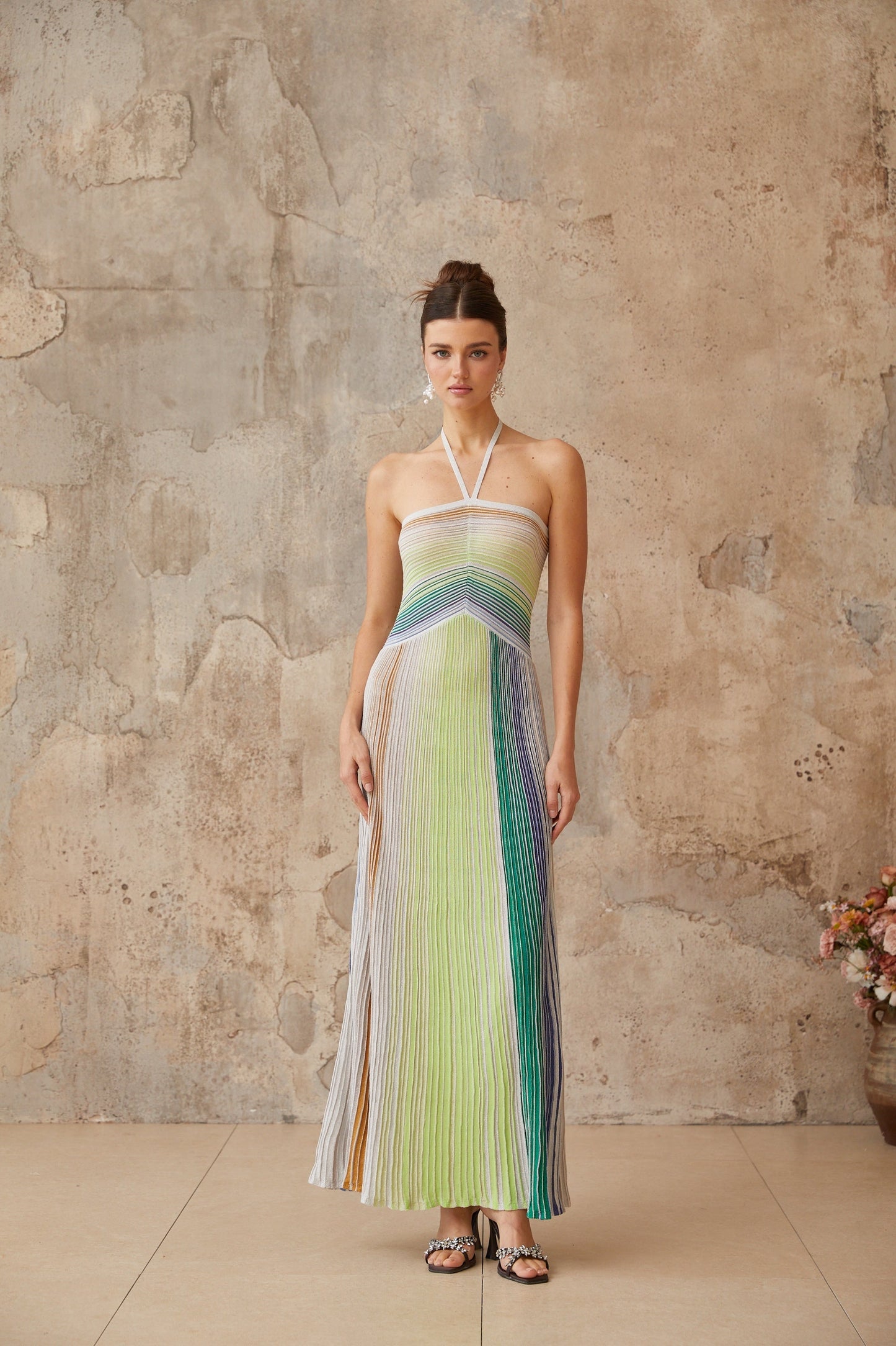 Serelith Metallic Knit Backless Maxi Dress