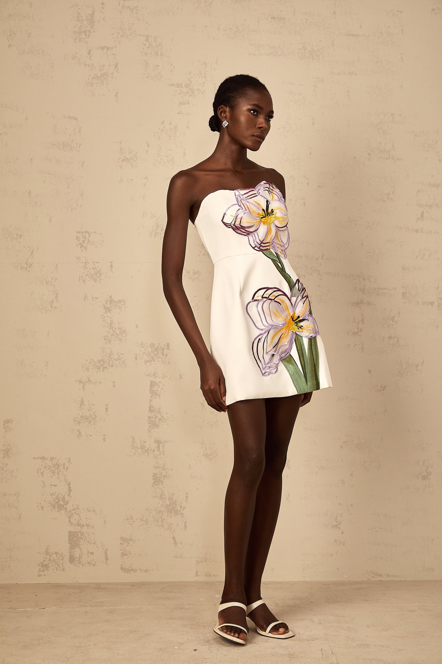 Irène White Off-Shoulder Sequin Floral Embroidered Mini Dress