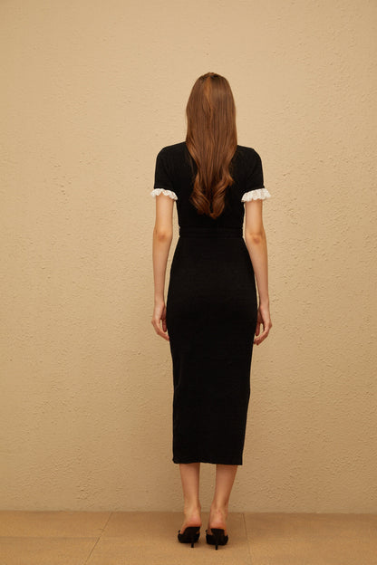 Mathilde Black Embellished Furry Knit Midi Dress