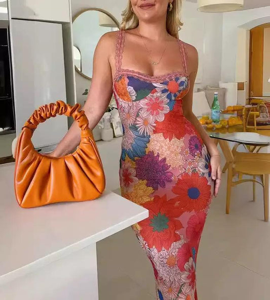 Lace-up Backless Side Slit Floral Print Maxi Cami Dress