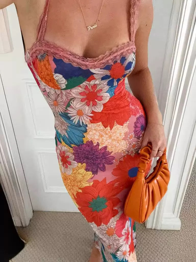 Lace-up Backless Side Slit Floral Print Maxi Cami Dress