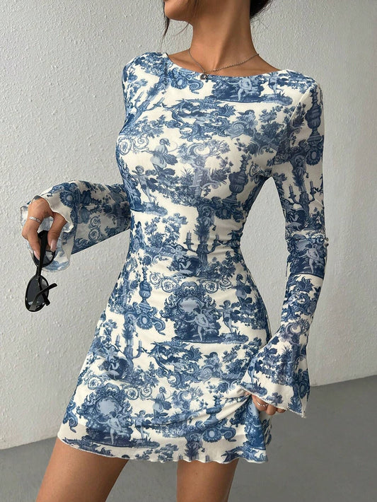 Bell Sleeves Waisted Landscape Printed Maxi Ruffle Dress