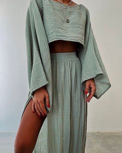 Fashionable lace-up slit cotton and linen two-piece set