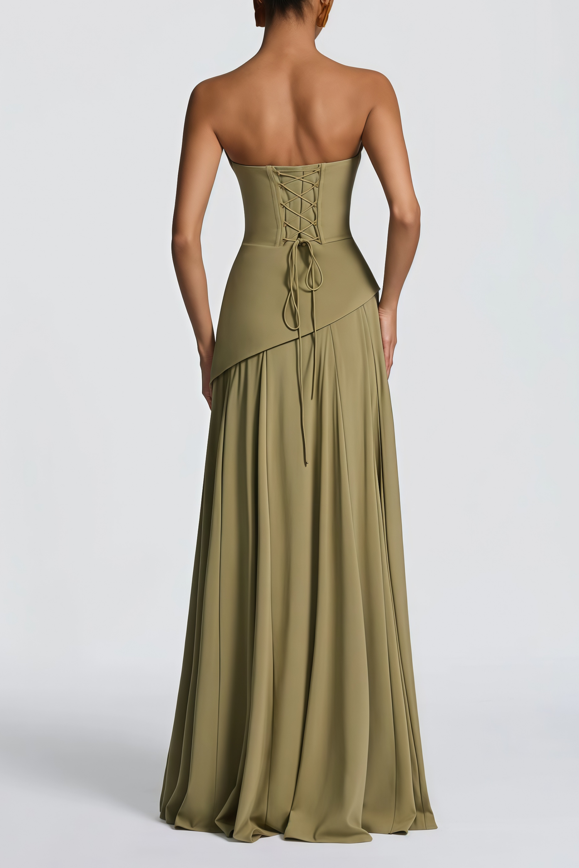 Romane Green Strapless Corset Chiffon Maxi Dress