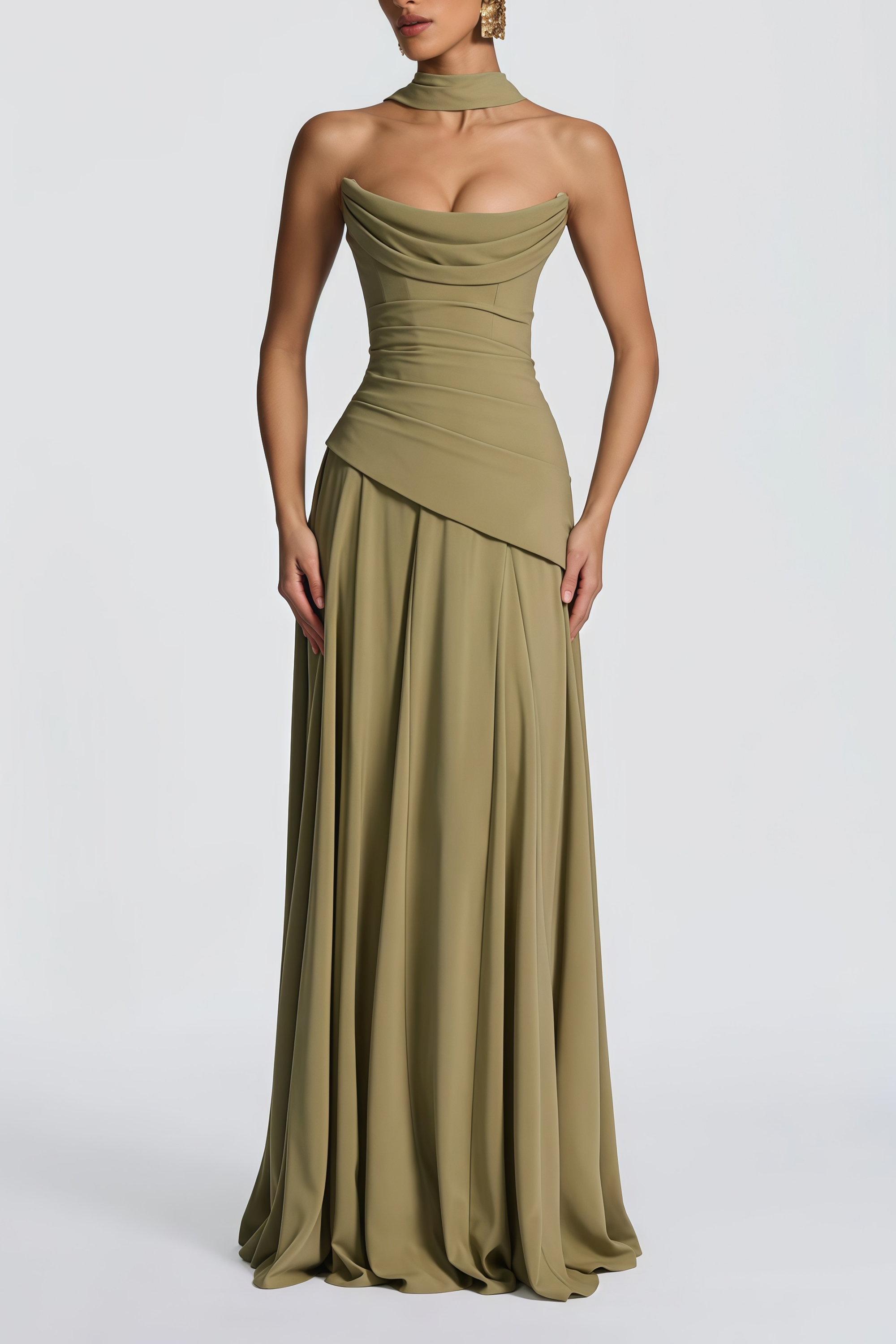 Romane Green Strapless Corset Chiffon Maxi Dress