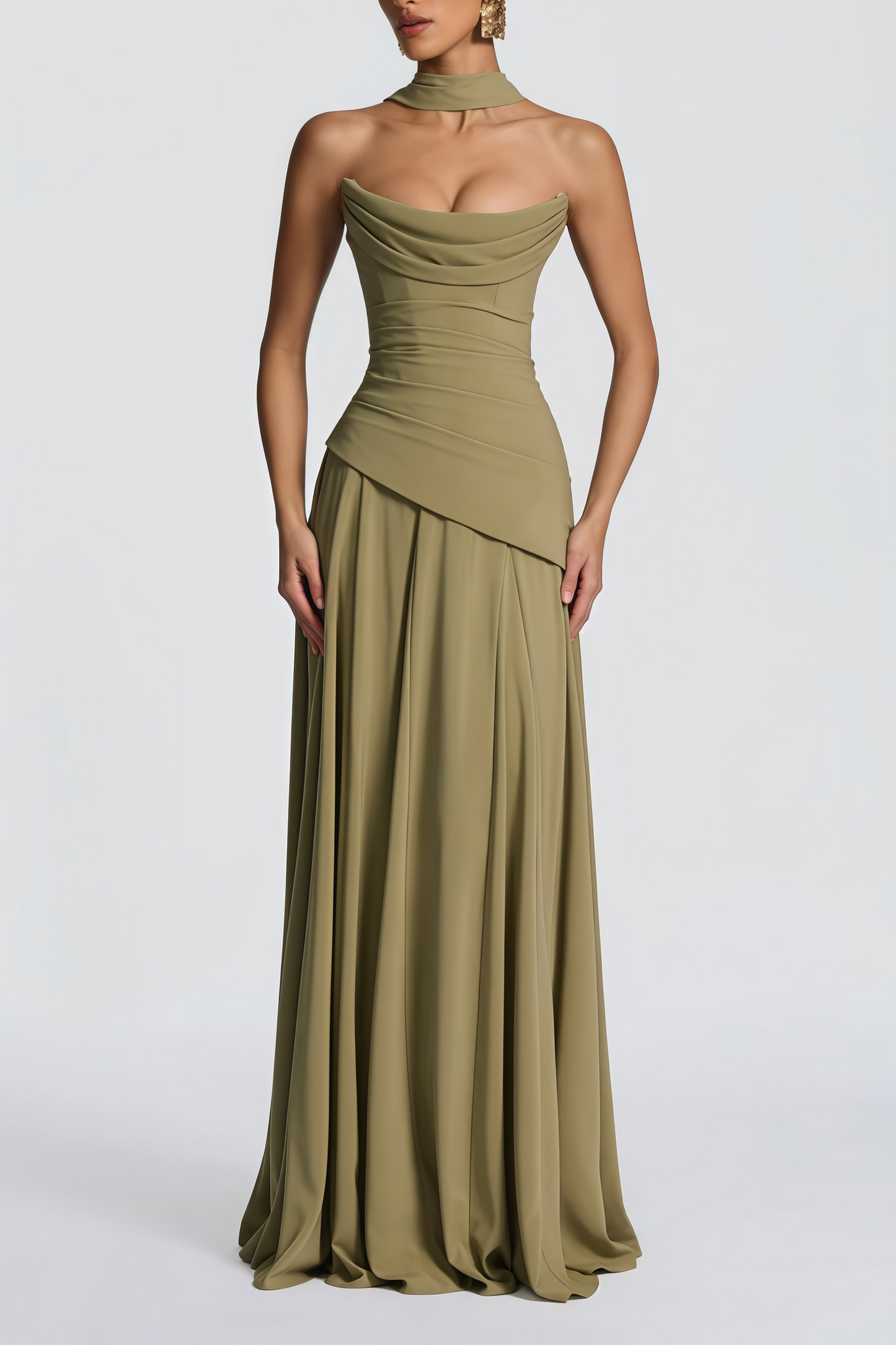 Romane Green Strapless Corset Chiffon Maxi Dress