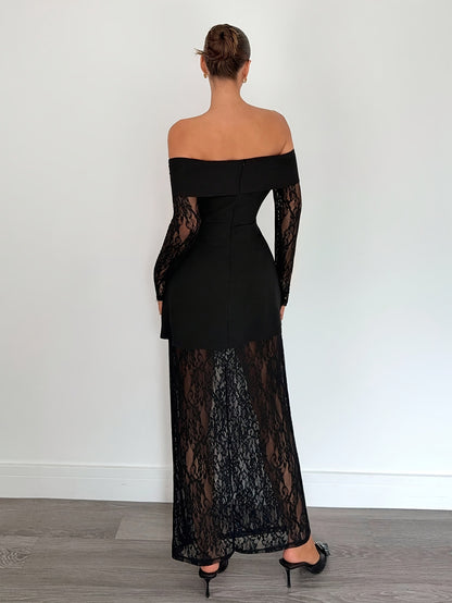Elegant Off-Shoulder Midi Dress With Lace Sleeves