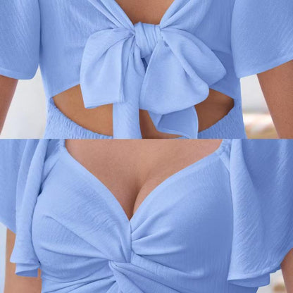 V Neck Twist Front Flare Sleeves Cut Out Mini Dress