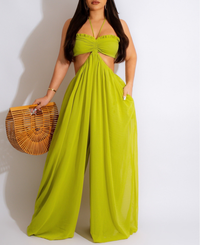 Halter Ruched Ruffle Cut Out Oversized Wide Leg Jumpsuit