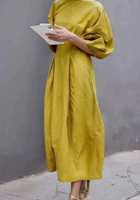 Lantern Sleeve Ruched Midi Cotton Linen Dress