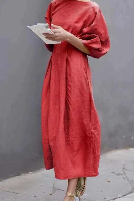 Lantern Sleeve Ruched Midi Cotton Linen Dress