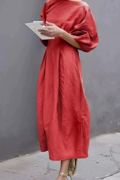 Robe mi-longue froncée en coton et lin à manches lanternes