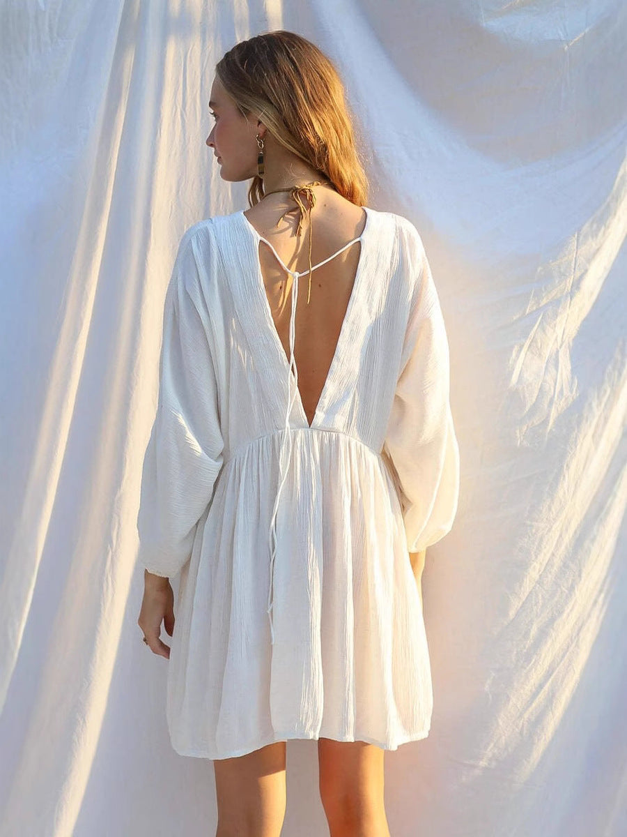 Robe sexy élégante à col en V et jupe en une étape de couleur unie 