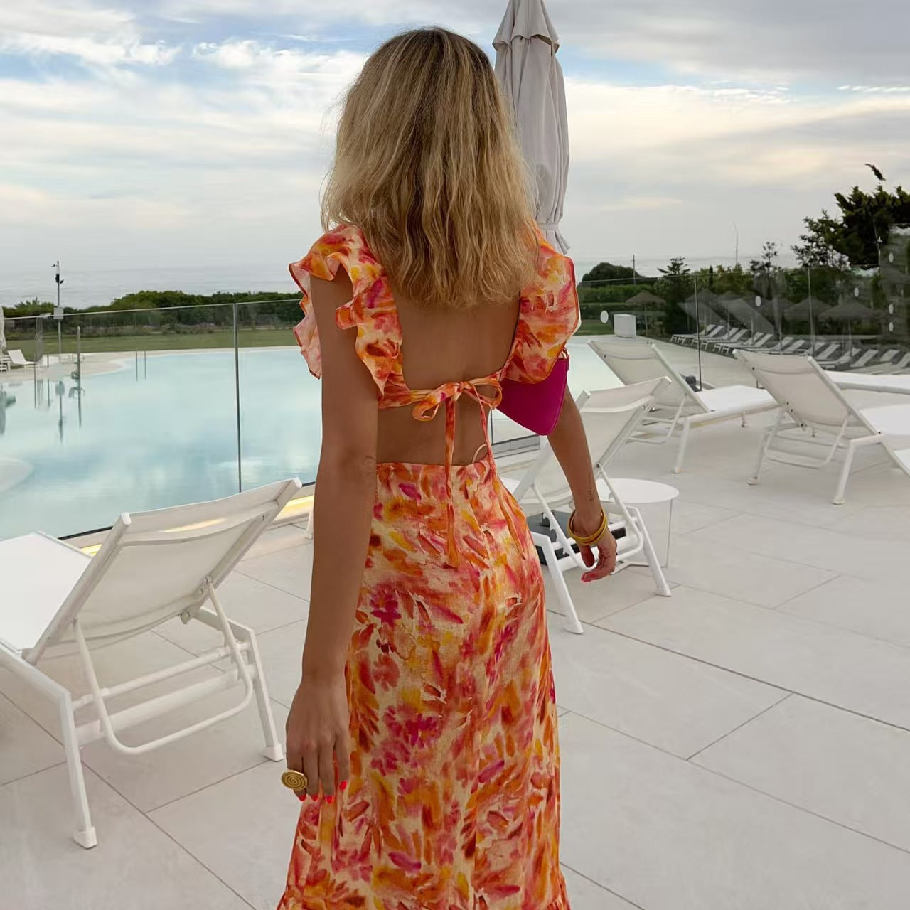 Backless Cut Out Floral Print Ruffle Slit Maxi Cami Dress