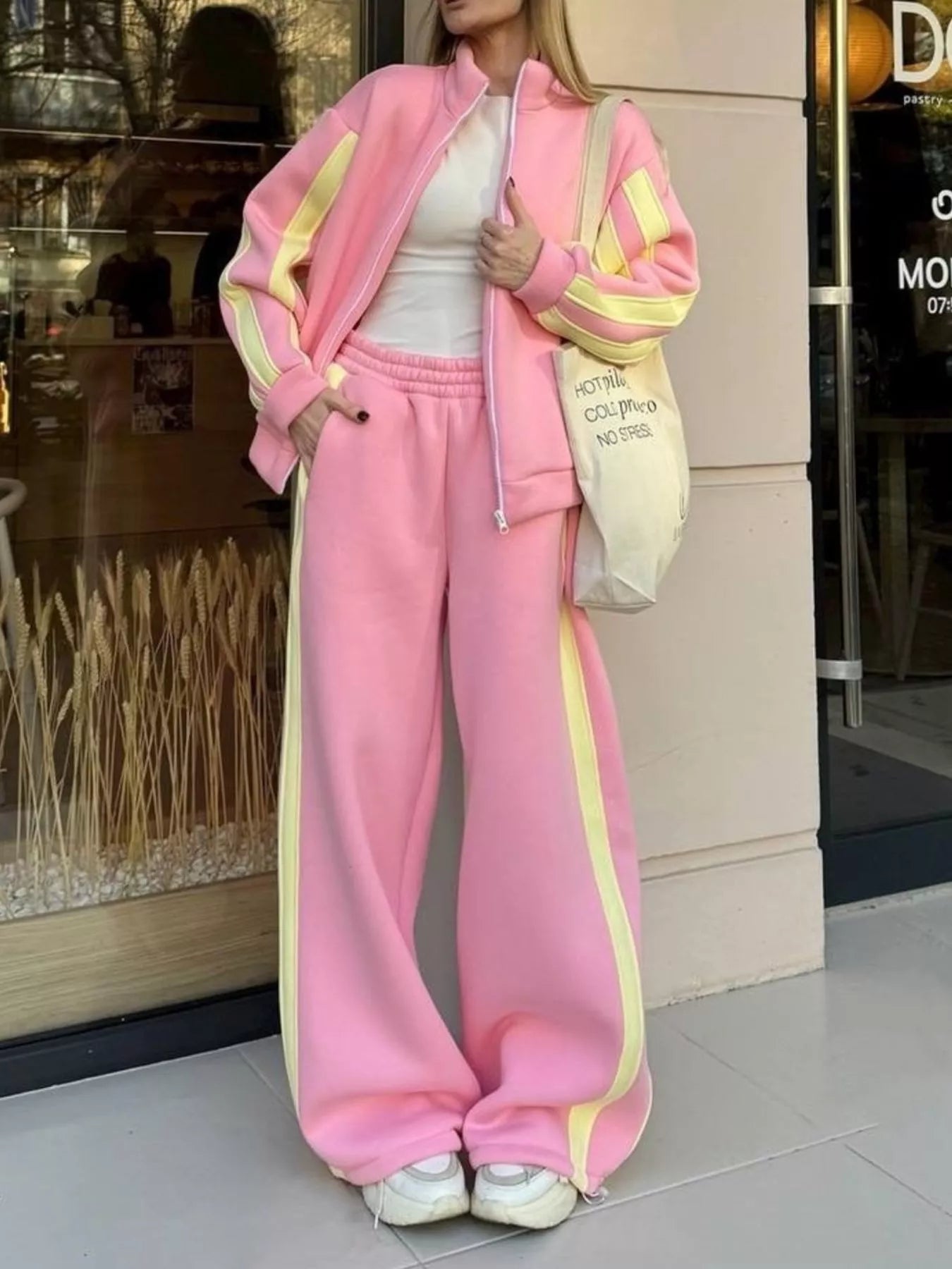 Contrast Striped Zip Up Top and Pants Set