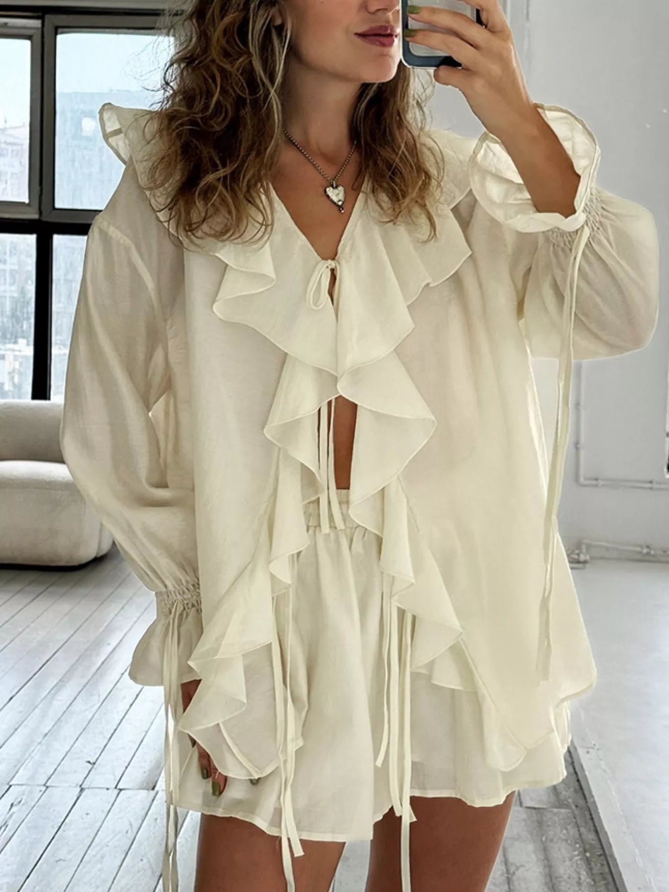 Ruffled Tie Front Blouse and Shorts Set