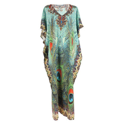 Polyester Feather Print Beach Cover up Sexy Deep V Plunge neck Vacation Sun Protection Shirt Dress Beach Cover Up