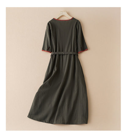 Literary cotton and linen tie dress