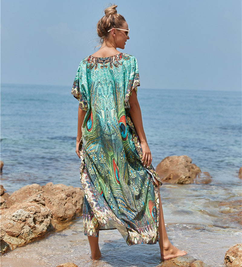 Polyester Feather Print Beach Cover up Sexy Deep V Plunge neck Vacation Sun Protection Shirt Dress Beach Cover Up