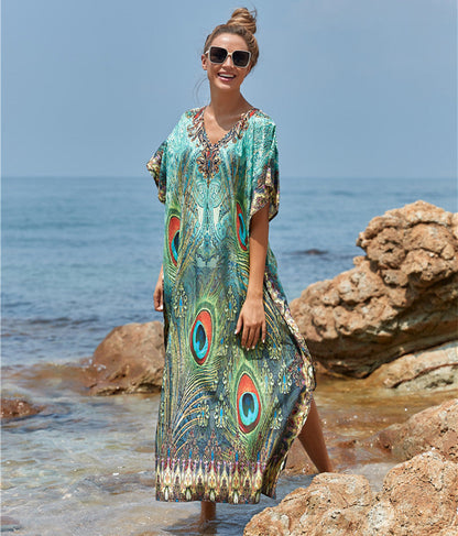 Polyester Feather Print Beach Cover up Sexy Deep V Plunge neck Vacation Sun Protection Shirt Dress Beach Cover Up