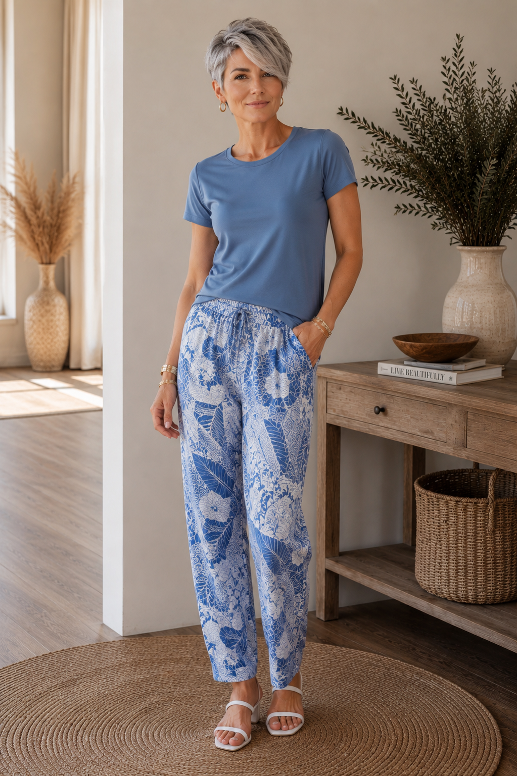 Blue Floral Wide Leg Pants for Women | Boutique Resort Style