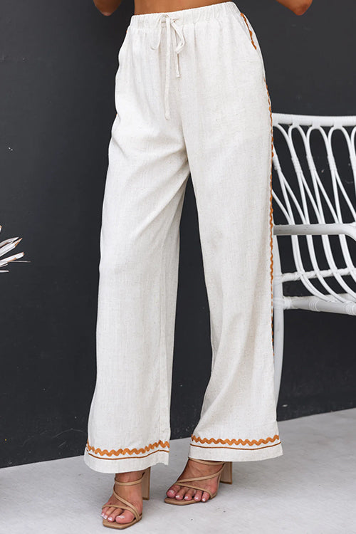 Drawstring Waist Wide Leg Printed Pants White