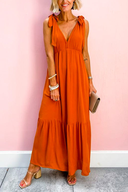 V Neck Bow Shoulder Sleeveless Ruffle Maxi Dress Orange