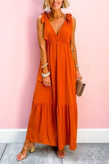 V Neck Bow Shoulder Sleeveless Ruffle Maxi Dress Orange