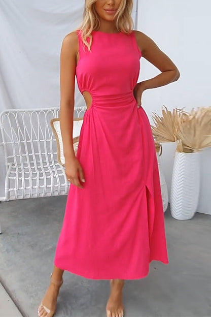 Rosiedress Sleeveless Cut Out Waist Slit A-line Maxi Dress HotPink